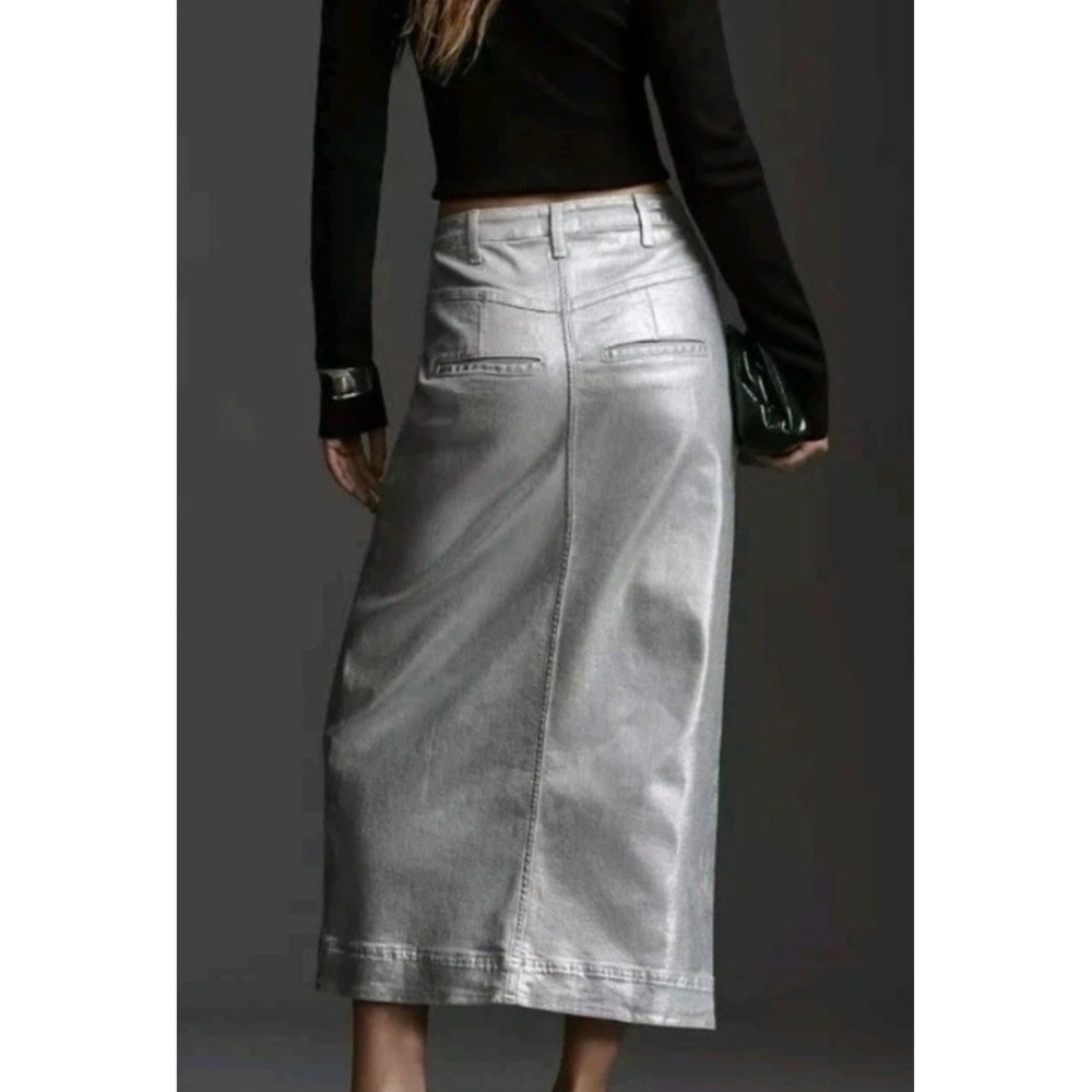 Pilcro Anthropologie Silver Metallic Skirt Sz 6 Structured Column Midi - Picture 2 of 9